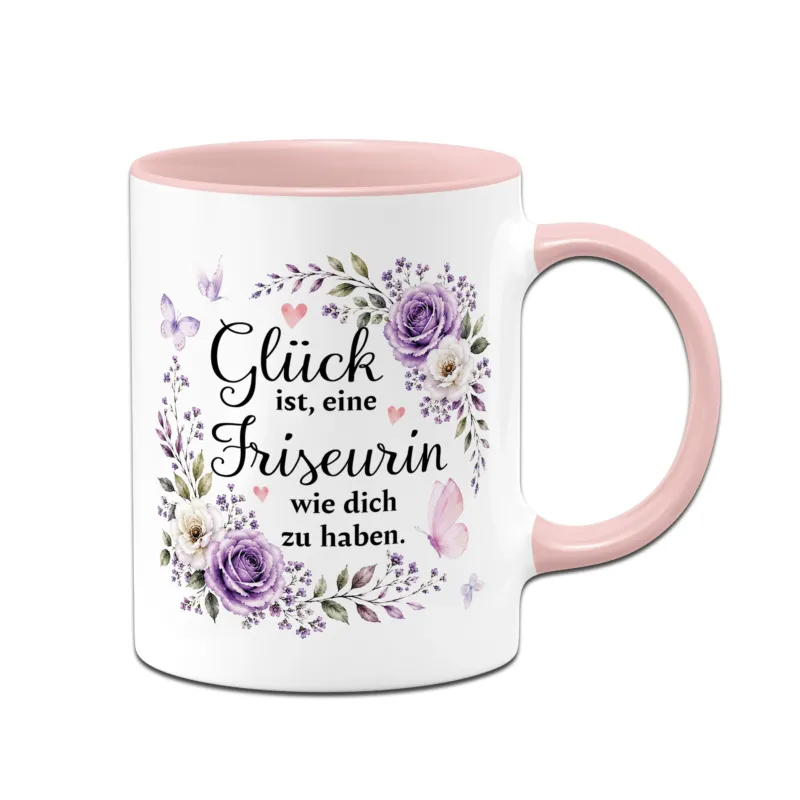 Bild: Tasse - Glück ist, eine Friseurin wie dich zu haben. (Blümchen).