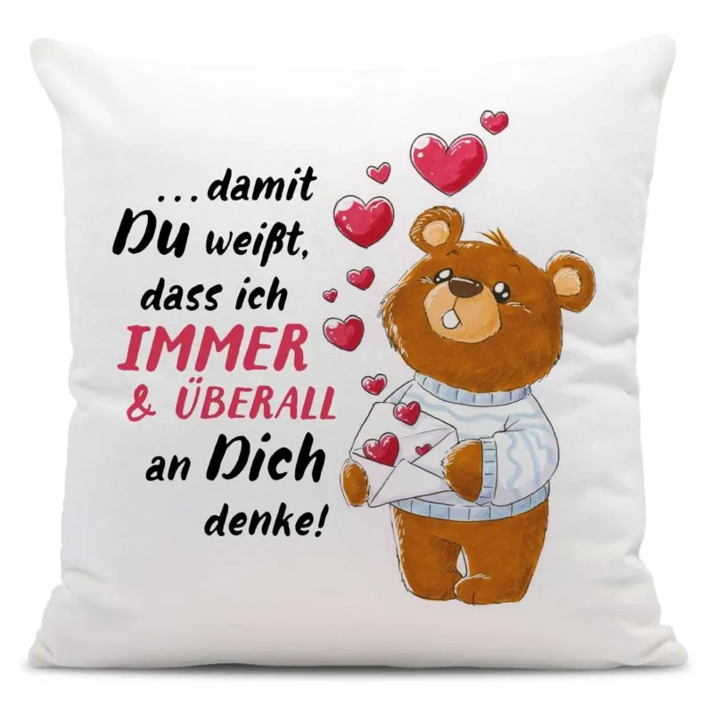 Kissen mit Spruch "Immer & Überall an Dich denke" - Romantisches Dekokissen für Freundin, Partner & Fernbeziehung