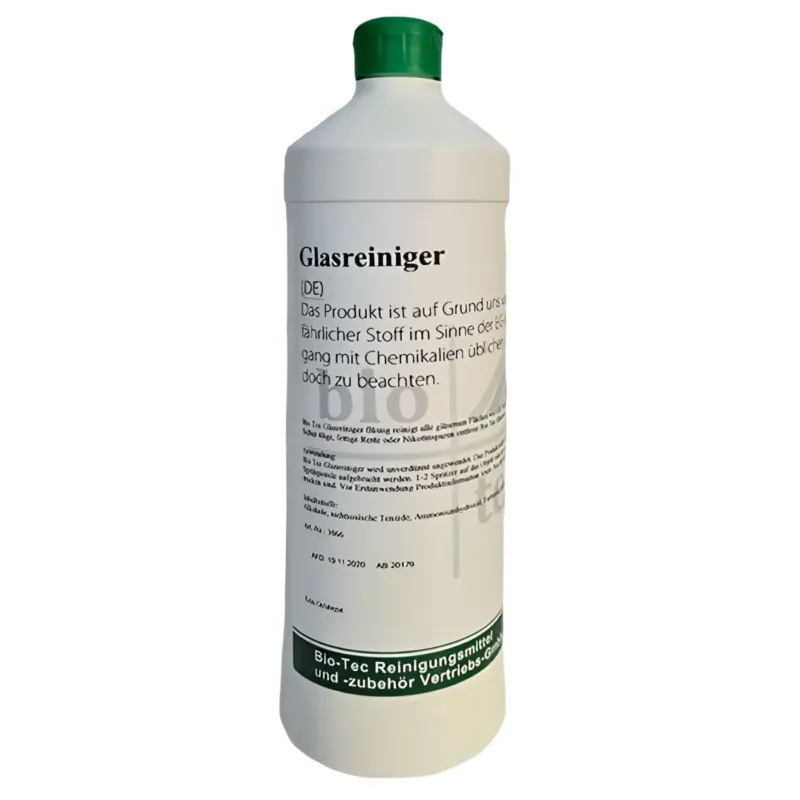Weiße plastikflasche mit grünem deckel und label bio-tec halal zertifizierter glasreiniger 1l auf deutsch