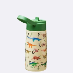 Trinkflasche aus Kunststoff mit Dinosaurier- und Buchstabenmuster, grünem Deckel und Schriftzug "E"