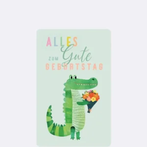 Postkarte mit grünem Krokodil und Blumenstrauß auf mintgrünem Hintergrund mit Schriftzug "ALLES GUTE ZUM GEBURTSTAG"
