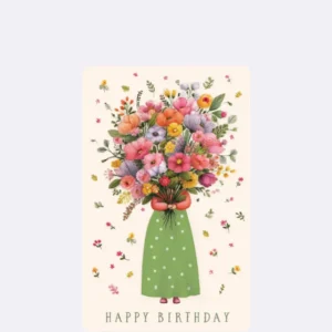 Mini Postkarte mit Blumenstrauß in Pink und Grün mit Schriftzug "HAPPY BIRTHDAY"