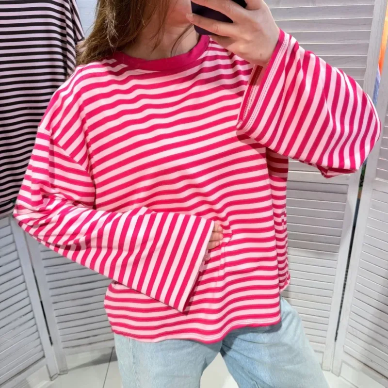 Damen T-Shirt LS gestreift rosa/fuchsia