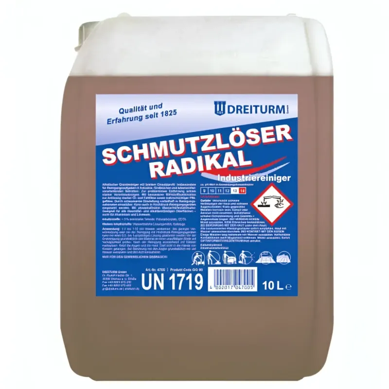 Braune flüssigkeit in weißem plastikbehälter schmutzlöser radikal industriereiniger 10 liter von dreiturm