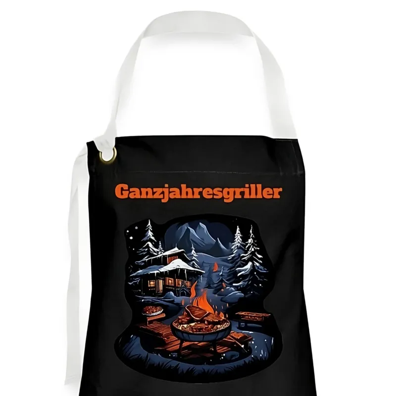 Schwarze Grillschürze mit Spruch Ganzjahresgriller und winterlicher Berghütten-Grillszene in Orange