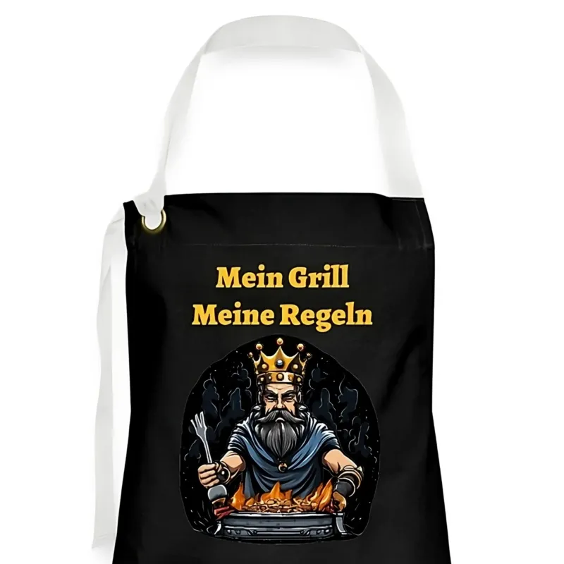Schwarze Grillschürze mit Spruch Mein Grill Meine Regeln und Grillkönig-Motiv