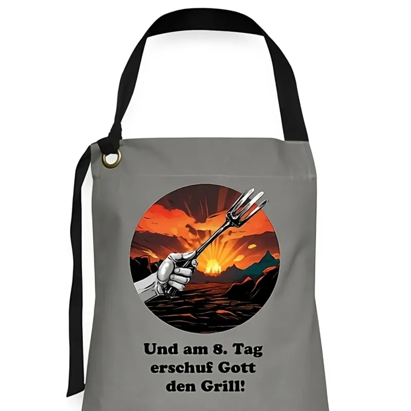 Graue Grillschürze mit Grillgabel vor Feuerhimmel und Spruch 'Und am 8. Tag erschuf Gott den Grill!'