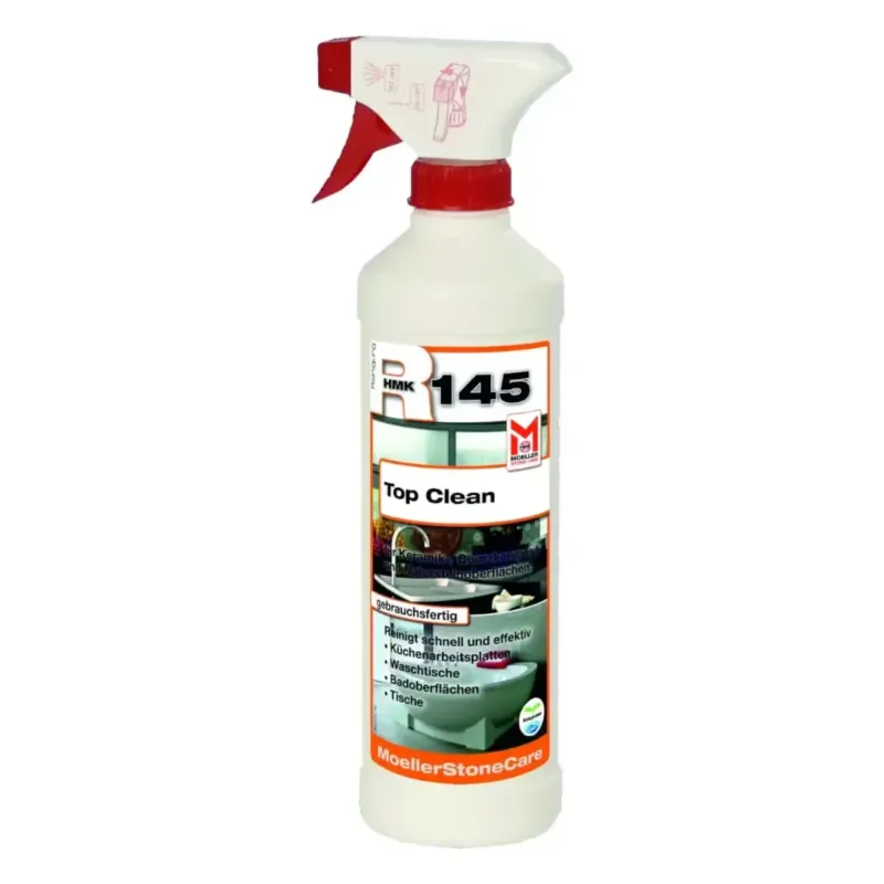 Weiße kunststoff-sprühflasche mit rotem auslöser und deckel, r145 top clean steinreiniger von moellerstonecare, 500ml