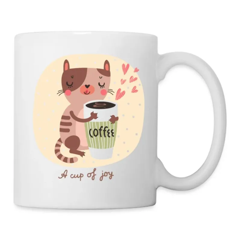 Niedliche Katze umarmt Coffee-Becher mit Herzen, Schriftzug "A cup of joy"