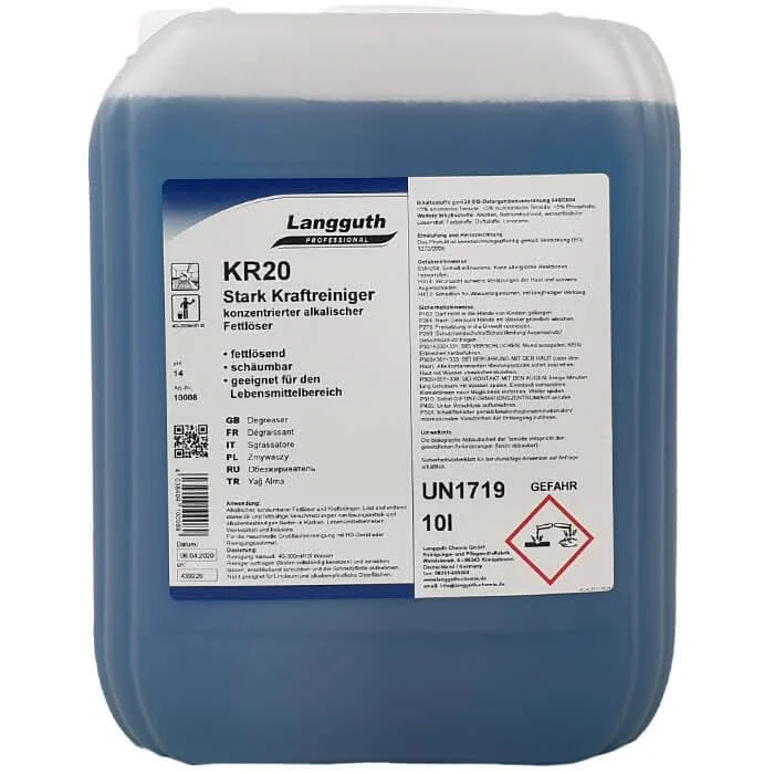 Grauer kunststoffbehälter mit blauem etikett der marke langguth professional kr20 konzentrierter alkalischer fettlöser 10l