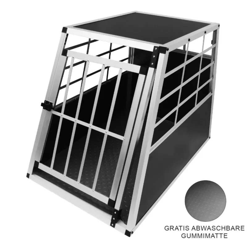 Große Hundetransportbox aus robustem Aluminium mit abwaschbarer Gummimatte, schwarz und silber, ideal für sicheres Reisen mit Hunden