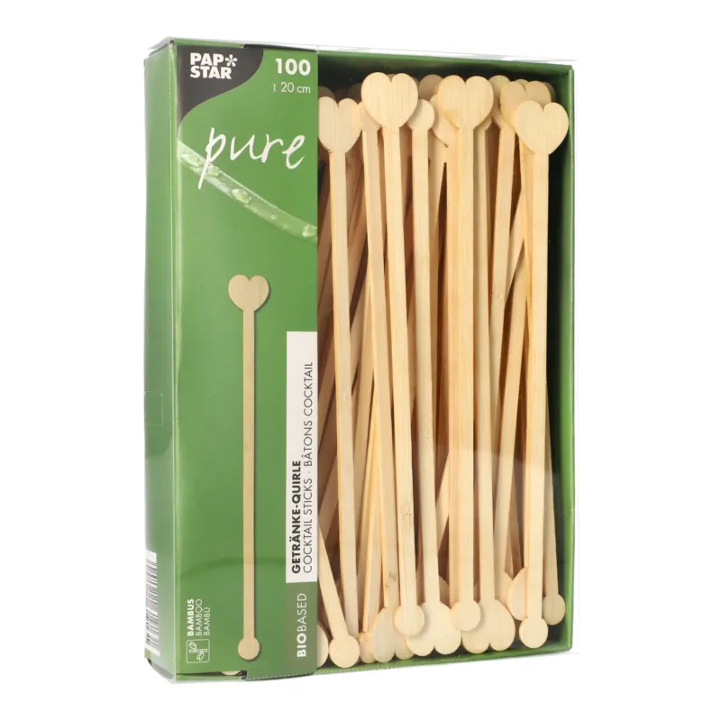 Papstar Pure Bambus Getränke-Quirle, Heart, 20 cm 1 Karton (10 Packungen × 100 Stück)