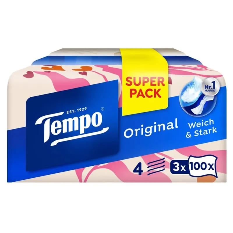 Tempo Taschentuchbox Original, 4-lagig 1 Packung = 3 x 100 Tücher, Designs sortiert