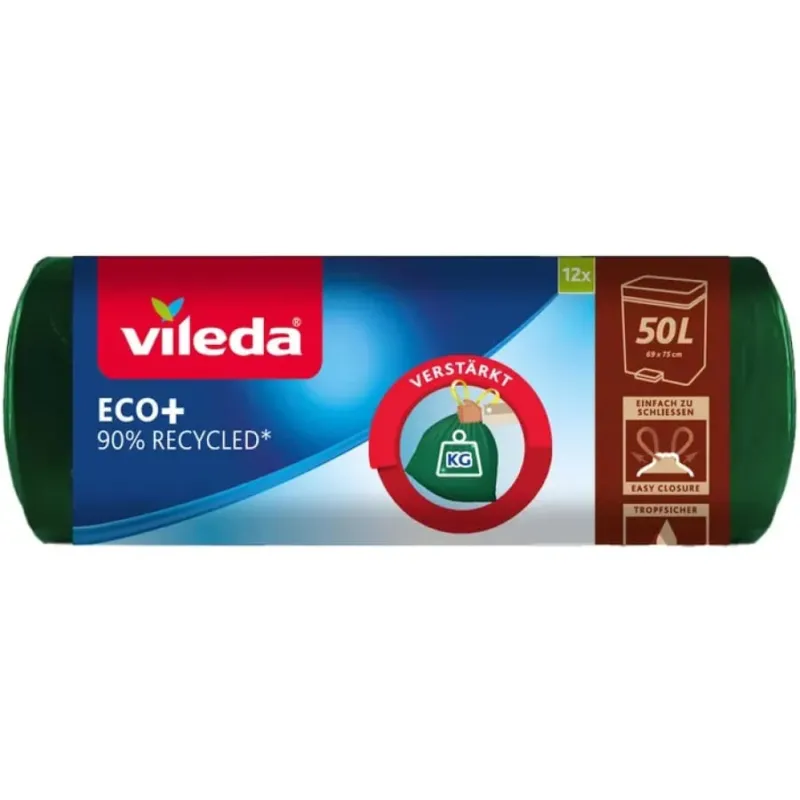 Vileda ECO+ Müllbeutel, 50 Liter, mit Zugband 1 Rolle = 12 Beutel